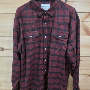 Poncho Men's Casual Red Plaid Button Down Shirt XL